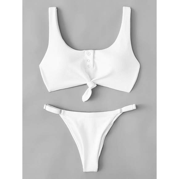Ribbed bikini button up thong white swimsuit - Picture 2 of 3